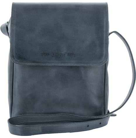 Väska med lock och axelrem marinblå blixtlås och magnetlås i skinn