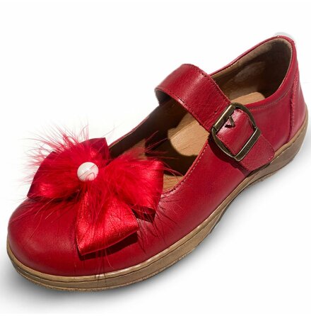 Klickdekor fr ballerinaskor satin med fjdrar och prla rd